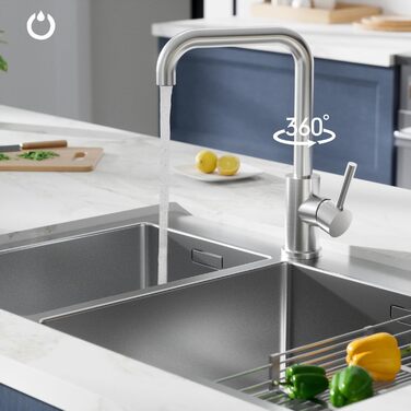 Змішувач для кухні FORIOUS з поворотним гусаком 360°, однорідний, з нержавіючої сталі, для встановлення в 1 отвір