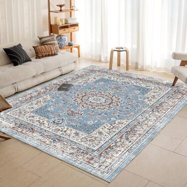 OMERAI Rug Living Room Washable Short Pile Rug Oriental Soft Bedroom Blue Non-Slip Vintage Rug 60x130CM Machine Washable Rug