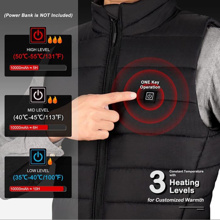 AGUG Тепла жилетка для чоловіків/жінок, електрична жилетка з підігрівом, 3 режими температури, для активного відпочинку, катання на конях, лижного спорту, кемпінгу (без Powerbank), розмір M