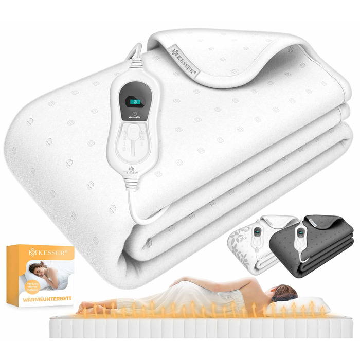 Електрична ковдра KESSER® 150x80 см з автовимкненням та пультом керування | 3 температурні режими | Підігрівальна ковдра для ліжка, матрац, тепла біла ковдра без візерунку