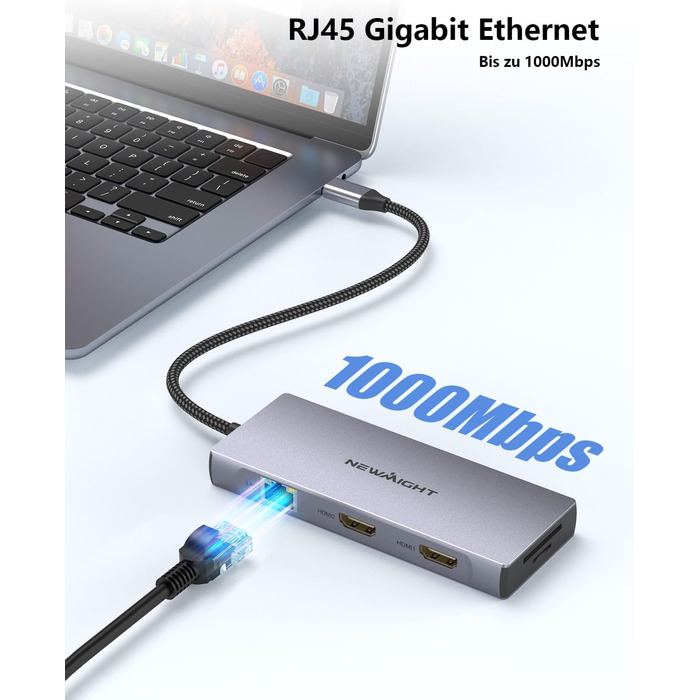 Док-станція для ноутбука Newmight з двома HDMI, підтримка 2 моніторів 4K, Ethernet 1 Gbps, PD 100W, 3 USB 3.0, SD/TF Reader, USB-C, сірий (HP/Dell)