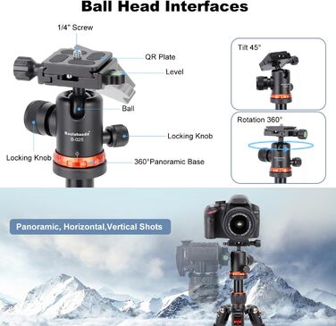 Міні штатив Koolehaoda для камери з алюмінію, 63 см, портативний, з кульковою головкою 360° та QR-платформою для DSLR/відеокамер, до 10 кг (Помаранчевий)