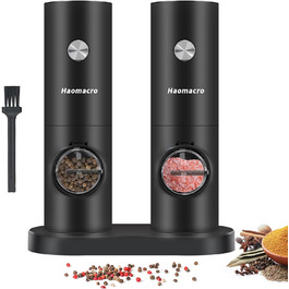Haomacro Electric Salt and Pepper Grinder Set, Battery Operated, Electric Pepper Grinder Automatic Spice Grinder Salt Shaker with Base, LED Light, Adjustable in 5 Levels
