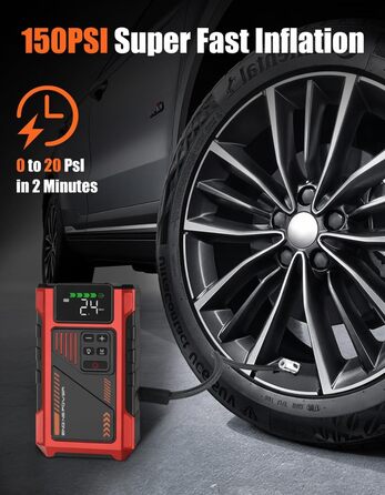 Powerbank для автомобіля з компресором 150 PSI та пусковим струмом 6000A (до 9.0л бензин/7.5л дизель), Jump Starter 12V з LCD дисплеєм, LED ліхтарик, червоний