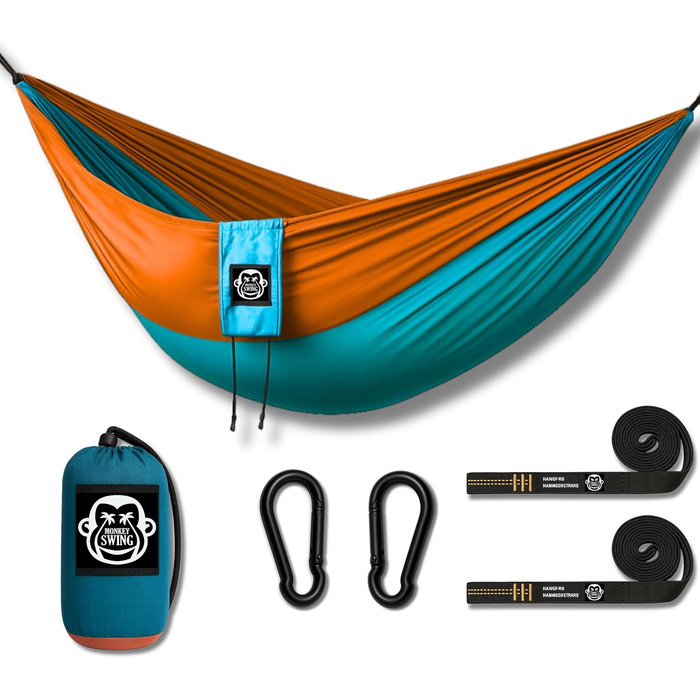 Ultralight Hammock including Carabiners & Heavy-Duty Straps (holds up to 220 kg, 275 x 140 cm) – ideal for camping, outdoor activities, trekking & as a travel hammock (Turquoise/Orange)