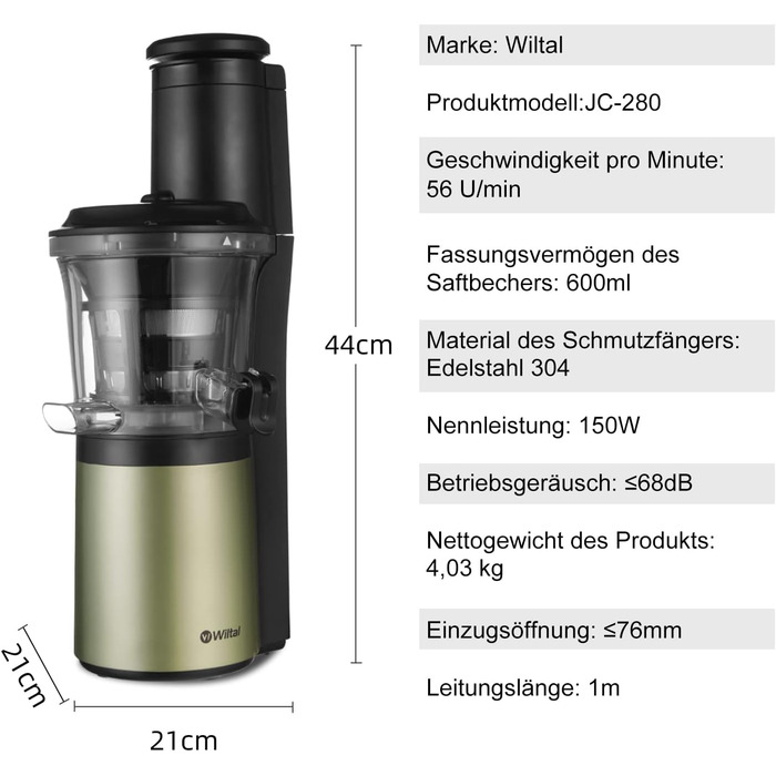 Wiltal Slow Juicer, Electric Juicer for Fruits, Vegetables, Pomegranate, Citrus Fruits, Sorbet. 76mm Feed Chute with Wide Mouth, BPA-free, 150W, Black