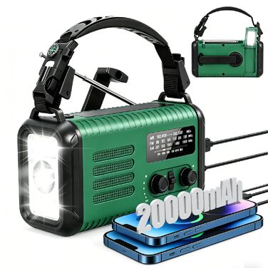 Радіо на сонячній батареї з ручним заводом 20000mAh, AM/FM, радіо для екстрених ситуацій, зарядний пристрій для телефону, SOS-сигнал, ліхтарик та лампа для кемпінгу та надзвичайних ситуацій, зелений