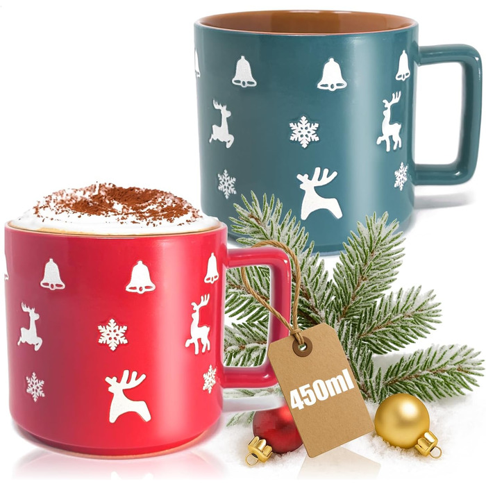 4 чашки для кави Com-Four® з кераміки - 250 мл (червоний/сірий/зелений/синій) з різдвяним дизайном, 450 мл (2 шт. з різдвяними мотивами)