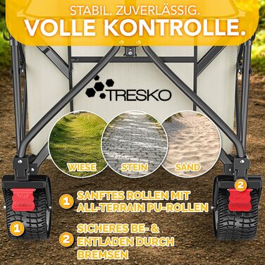 Універсальний складаний візок TRESKO® 300L з гальмом та повногумовими колесами | Складаний пляжний візок позашляховик, бежевий