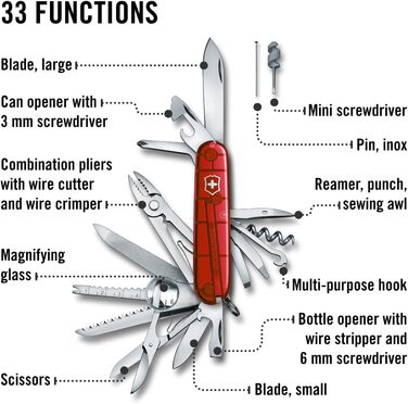 Мультитул Victorinox Swiss Champ: 33 функції, ніж, коркомаг, викрутка (прозорий червоний)
