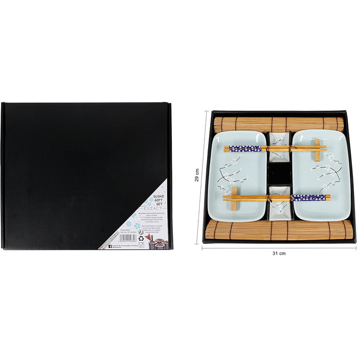 Набір для суші Exzact (10 шт.) – 2 тарілки, 2 миски для соусу, 2 підставки під столові прилади, 2 пари паличок для їжі – високоякісний фарфор, у подарунковій коробці – блакитний колір