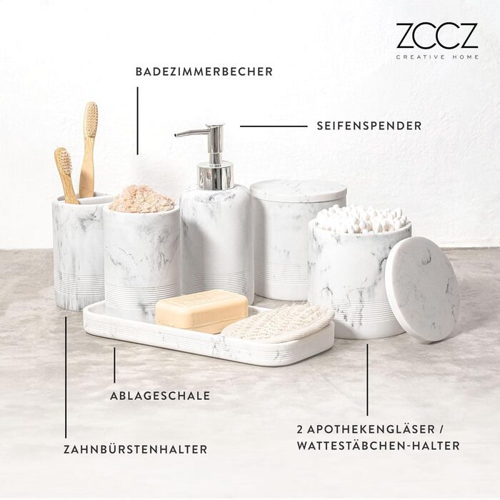 Набір для ванної кімнати ZCCZ – 6 предметів: органайзер для зубних щіток, дозатор мила, миска для косметики та ватних паличок. Елегантний декор з ефектом мармуру, білий колір для стильного оформлення ванної кімнати