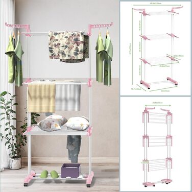 Foldable Stainless Steel Clothes Drying Rack with Wheels, Portable, for Indoor and Outdoor Use, White/Gray (Blue+White)