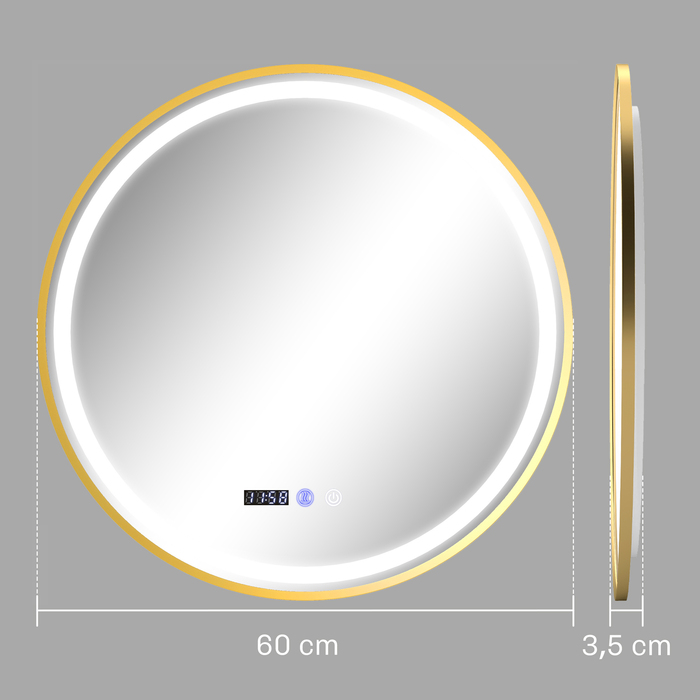 HOMCOM Round Bathroom Mirror with LED Lights, Anti-Fog Function, Touch Controls, and Display