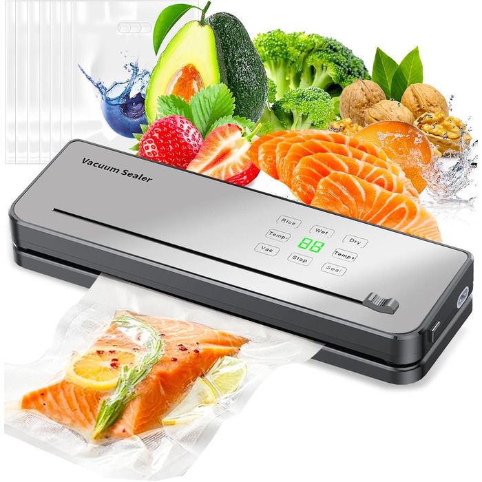 Вакуумний пакувальник ESoundvol 8-в-1 з контролем температури, вбудованим різаком та LED-дисплеєм для зберігання продуктів, 10 пакетів