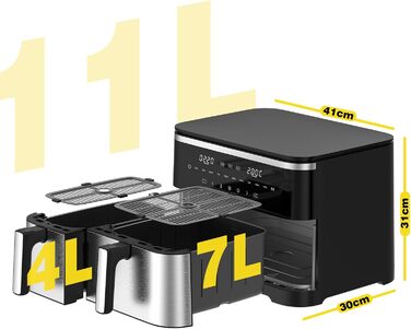 Фритюрниця повітряна подвійна 11л Airfryer, XXL фритюрниця з 2 кошиками, 7л/4л, для основного та гарніру одночасно, 2600W, 10 програм, сенсорний екран, нагадування про струшування