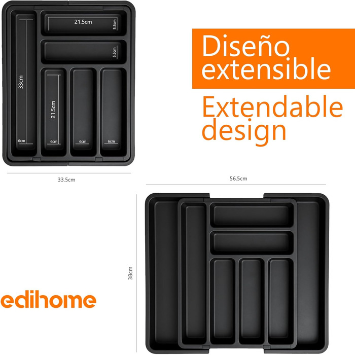 Органайзер для столових приборів Edihome в шухляду, розширюваний, 6-8 відділень, чорний, без BPA