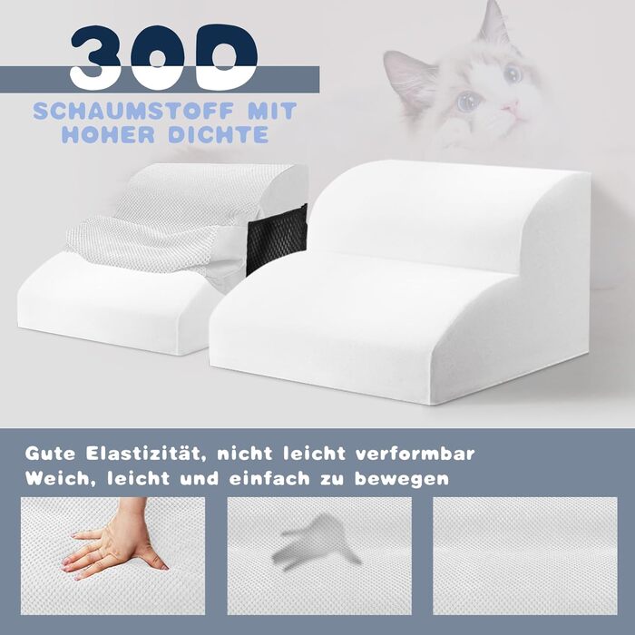 2-Step Dog Stairs, 40cm Cat Stairs with Washable Cover, Dog Stairs for Small Dogs, Pet Stairs for Dogs and Cats, Cat Stairs for Senior Cats, Black (2-Step White Dog Stairs)