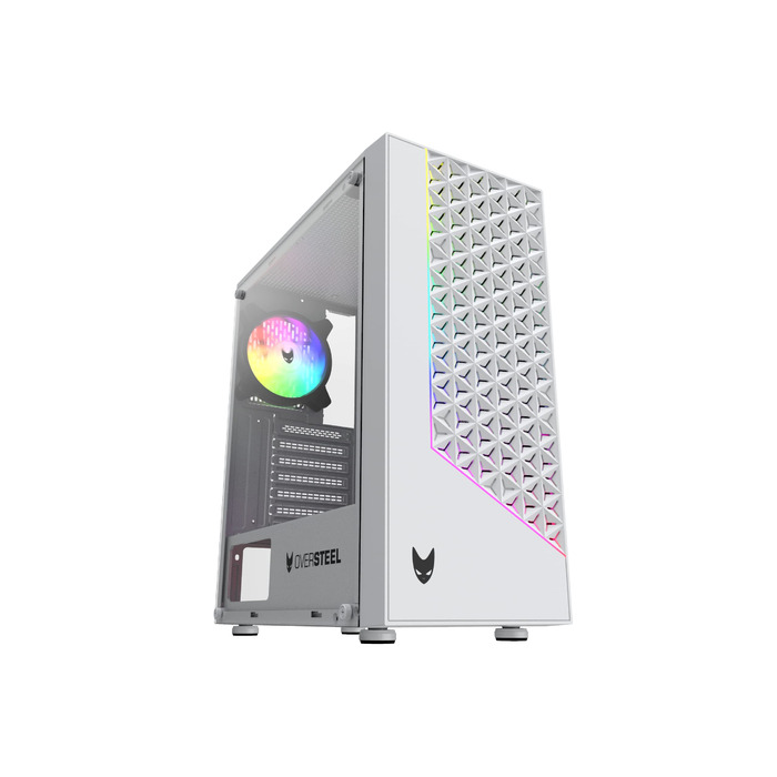 Oversteel Iridium - Комп'ютерний корпус для ігор, білий, з вентилятором A-RGB 120мм, сумісний з ATX/Micro ATX/ITX, сітчаста передня панель, 2 фільтри пилу, загартоване скло, USB 3.0
