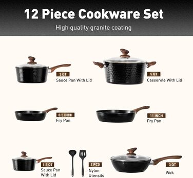 Набір посуду DishDelight 12-piece з гранітною керамікою, індукційний, чорний