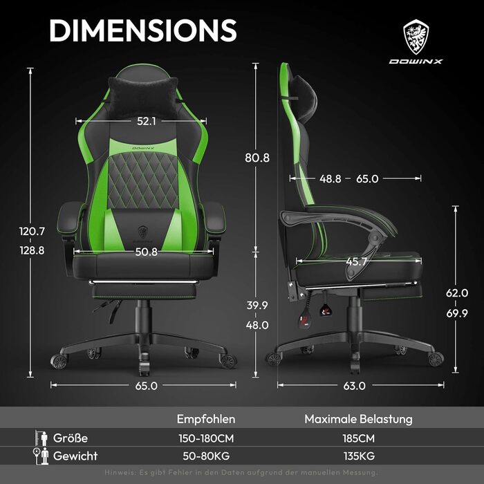 Ігровий крісло Dowinx Racing з підтримкою попереку, ергономічний геймерський крісло з PU шкіри, 150 кг (Зелений)