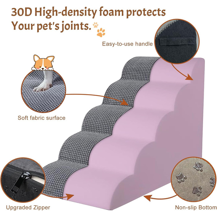 Сходинки для собак широкі, 5 сходинок, 62 см, з щільного пінополіуретану, для маленьких собак, знімний чохол та неслизьке дно