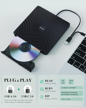 Зовнішній DVD-накопичувач PeroBuno USB 3.0 Type-C, CD ROM +/-RW оптичний привід, ультратонкий DVD-записувач та плеєр для ноутбука, PC, MacBook (Windows, Linux, macOS)