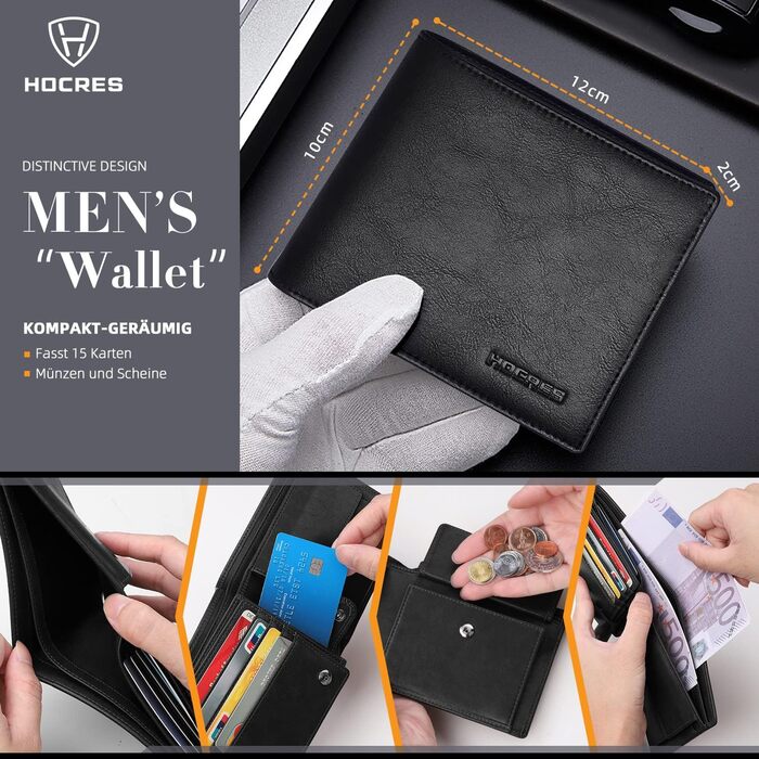 HOCRES Men's Wallets Multi-Functional RFID Blocking Leather Slim Wallet with 15 Card Slots, 2 Bill Compartments, and 2 ID Windows Minimalist Wallets for Men with Gift Box