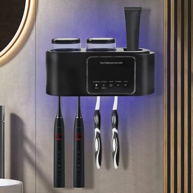 Toothbrush Holder Black, Holder for UV Toothbrush Sanitizer Wall Toothbrush Holder for 5 Toothbrushes, Drying and Cleaning Function for Toothbrushes