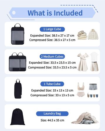Набір для організації багажу Narwey (5 шт.) - компресійні куби для подорожей, чорний