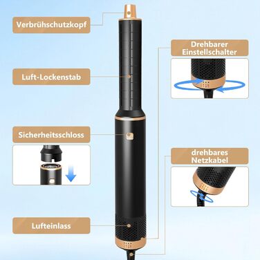 RUIZHI Airstyler 5 в 1: Фен-щітка для волосся з 5 насадками, 110000 обертів/хв, 3 температурні режими, для об'єму, локонів та випрямлення волосся