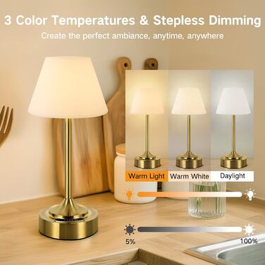 Світлодіодний акумуляторний настільний світильник OUTON (2 шт), USB-C, 3 режими світла, сенсорне керування, водонепроникний IP54, до 53 годин, для ванної, кухні, вулиці (Золотий)