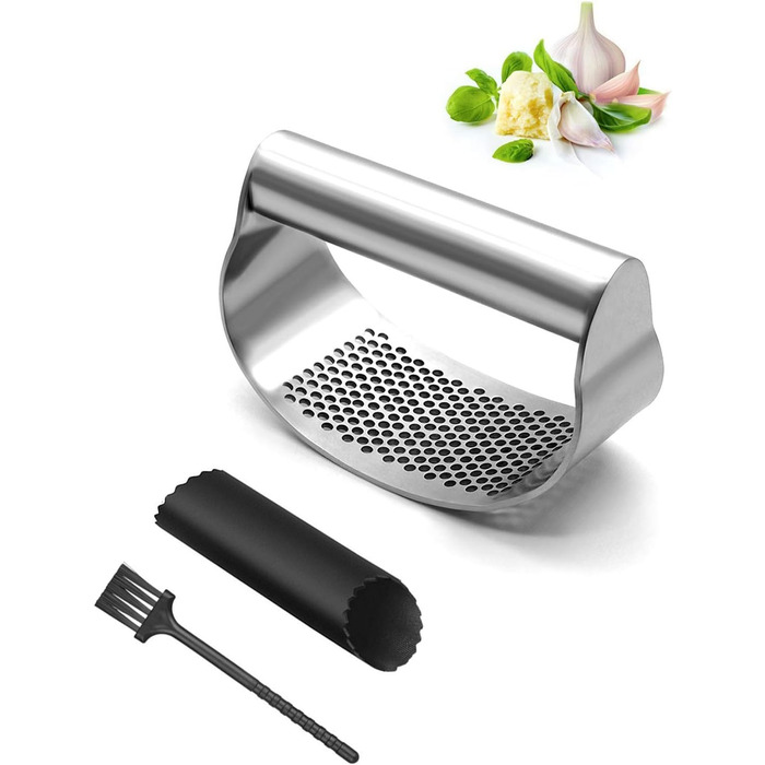 Прес для часнику з нержавіючої сталі, подрібнювач часнику та імбиру, кухонний аксесуар, срібний