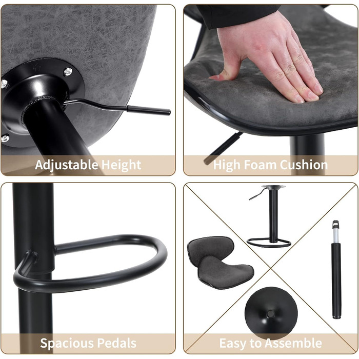 ALPHA HOME 2-Piece Bar Stool Set with Backrest and Footrest - Adjustable Swivel Gas Lift PU Leather Kitchen Bar Stools for Counter, Kitchen & Home (Gray)