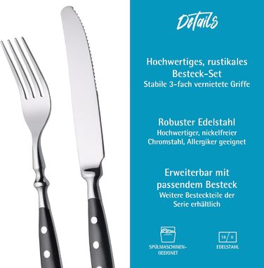 GRÄWE Stainless Steel Cutlery Set for 6 People, Heavy, Rustic, 30-Piece Table Cutlery Set, Forged Cutlery with Black Handles - Nuremberg Series 30-Piece | 6 People