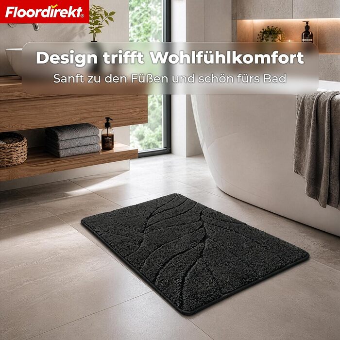 М'який килимок для ванної кімнати Floordirekt Maris, швидкосохнучий з антиковзаючим покриттям, чорний, 50 x 80 см
