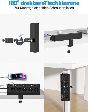 Мережевий фільтр PASSUS з 5 розетками, 2 USB-C (PD 30W), захист від перенапруги, індивідуальне вмикання, 10-в-1, з кабелем 2м, для офісу, чорний