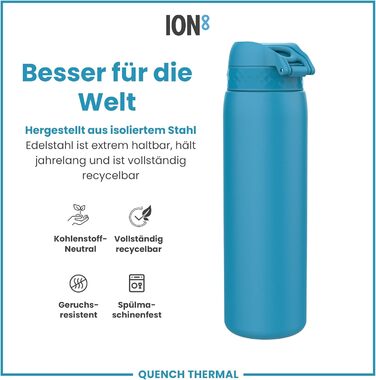 Ion8 Vacuum Insulated Stainless Steel Water Bottle, 1 Liter, 920 ml, Leak-Proof, One-Handed Opening, Secure Locking, Dishwasher Safe, Carrying Handle, Durable, Ideal for Sports and Yoga (OneTouch 2.0, Blue)