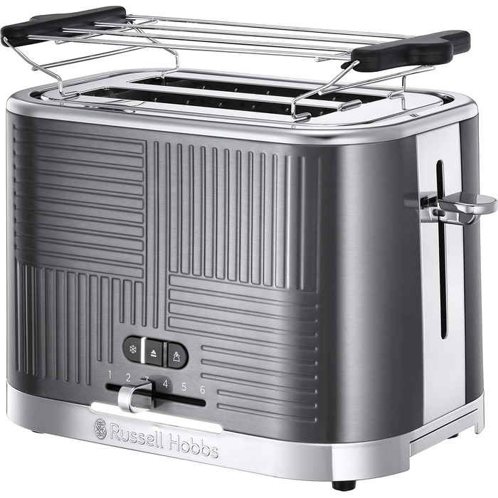 Russell Hobbs Toaster [for 2 slices] Geo Stainless Steel Grey (extra wide toast slots, including bun warmer, 6 browning levels + defrost & reheat function, Quick Toast Technology, 1640W) 25250-56