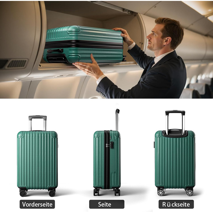 Набір валіз 3 в 1, жорсткий корпус, валізи та ролери з 4 колесами та кодовим замком, ручна валіза, темно-зелений набір