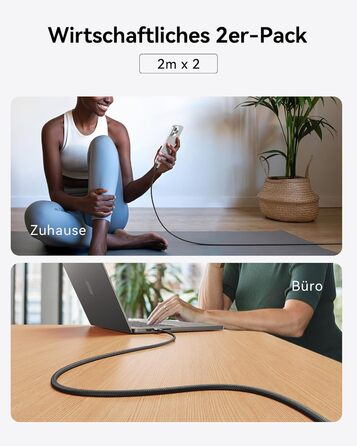 Кабель USB-C 240W з LED-підсвічуванням, 2 шт. (2м+2м), нейлон, для iPhone, Samsung, Pixel, iPad, MacBook