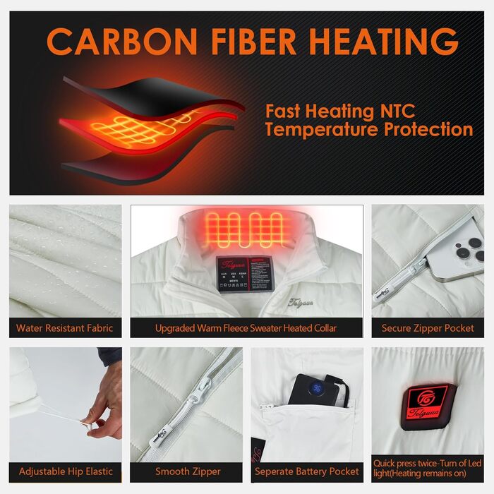 Електрична гріюча жилетка для чоловіків Telguua з Powerbank 12000mAh, 3 температурні режими, 4 зони обігріву, USB-живлення, для катання на лижах та роботи на вулиці (L, Біла)