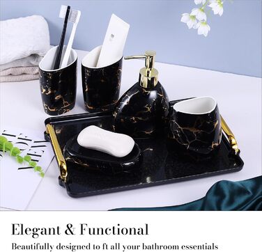 Black bathroom accessory set, gold marble look, modern 6-piece bathroom accessory set, complete with soap dispenser, toothbrush holder, cup, tray, countertop.
