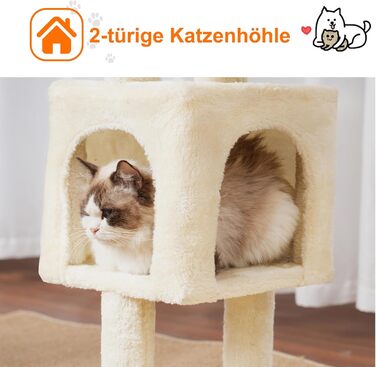 Котячий будиночок Heybly Kratzbaum: 100 см, з платформою, печерею, 2 гамаками та іграшками. Активний котячий будиночок, HCT006SG (Бежевий)