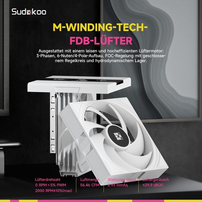 Кулер для процесора Sudokoo SK620V White AM5: двосекційний повітряний охолоджувач з цифровим дисплеєм, 6 теплотрубками та 2 вентиляторами PWM FDB 120мм, білий