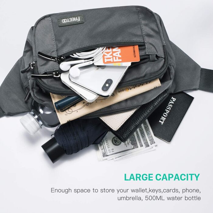 Поясна сумка FREETOO для чоловіків та жінок з 6 кишенями на блискавці – водонепроникна, для прогулянок з собаками, бігу, походів, подорожей та відпочинку (Сірий)
