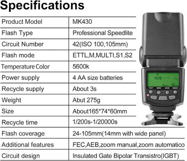 Meike MK430 E-TTL спалах для Canon EOS DSLR: 70D, 77D, 80D, T7i, T6i, T6s, T6, T5i, T5, T4i, T3i, SL2 та інші
