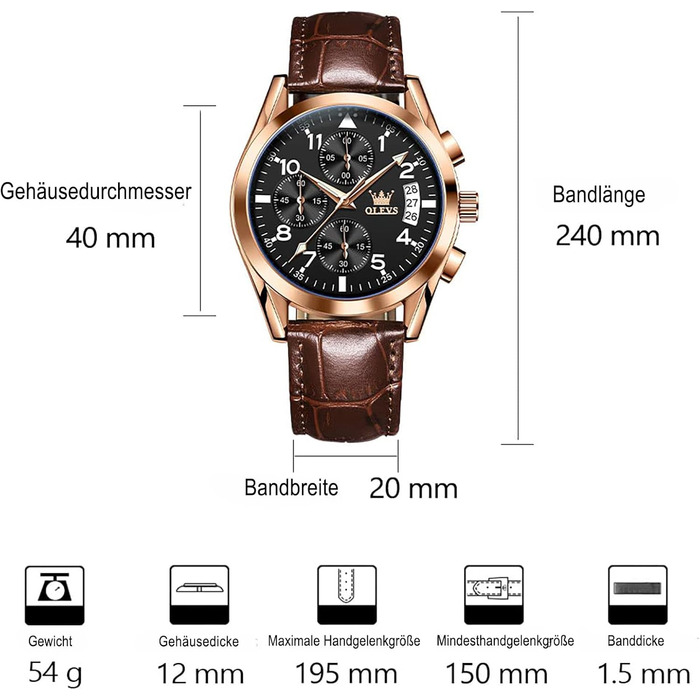 Чоловічий годинник OLEVS Vintage з шкіряним ремінцем, велике циферблат, водонепроникний, аналоговий годинник з датою (2878, чорний циферблат/коричневий ремінець)