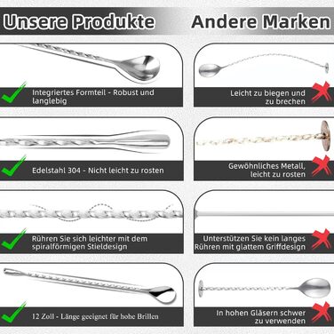Тренажер для коктейлів YUNAI з нержавіючої сталі, 30 см, довга ручка, спіральний дизайн, для шейкерів, барний ложка (сріблястий)