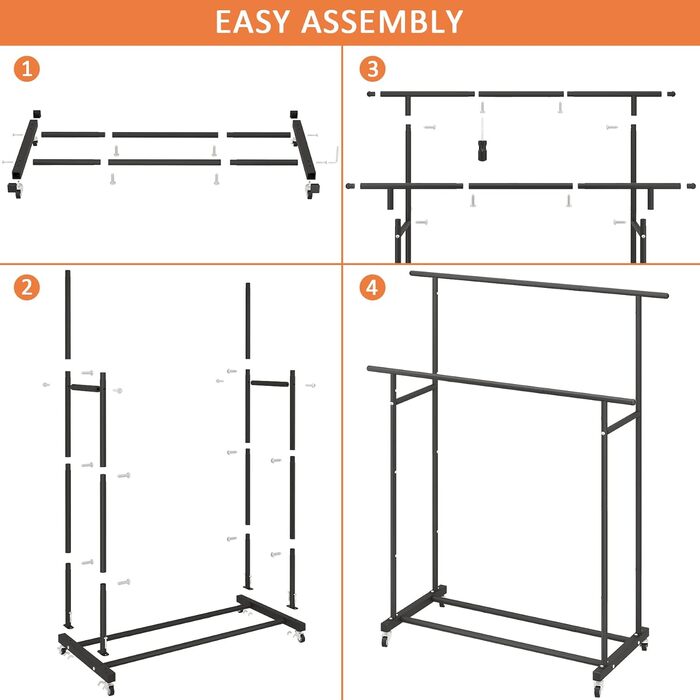 Clothes Rack with Double Rod, Rolling Clothes Rack, Portable Clothes Rack for Bedroom, Living Room, Clothing Store (Black)